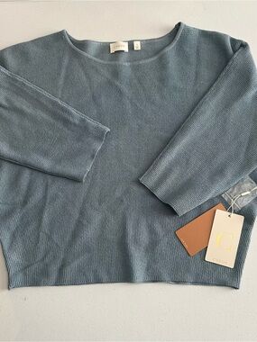 Cyrus Satin Blue Textured Knit Sweater NWT Small Quiet Luxury Minimalist Top